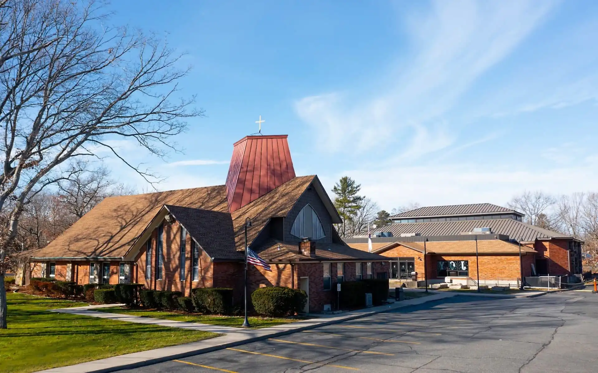 Side view, exterior photo of Our Savior New American School.